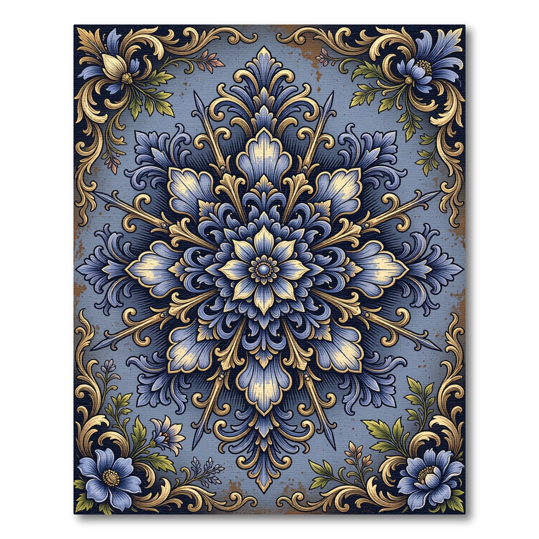 Ornate Vintage Blue Golden Floral Medallion Rug