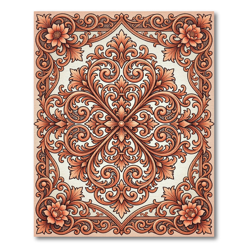 Elegant Terracotta Floral Baroque Scrollwork Rug