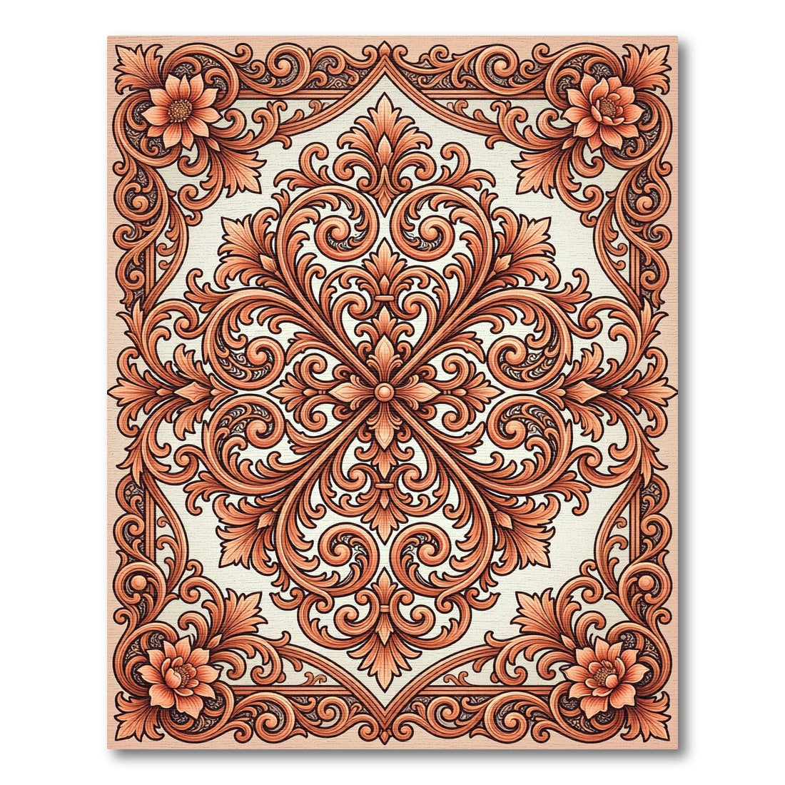 Elegant Terracotta Floral Baroque Scrollwork Rug