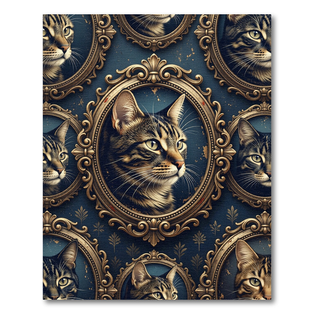 Ornate Vintage Cat Portrait Blue Tapestry Rug