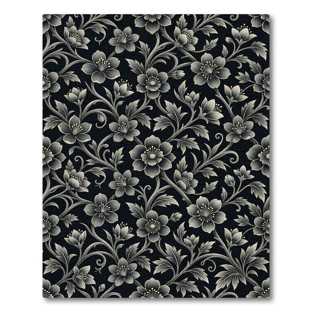 Ornate Black Floral Vine Swirls Rug