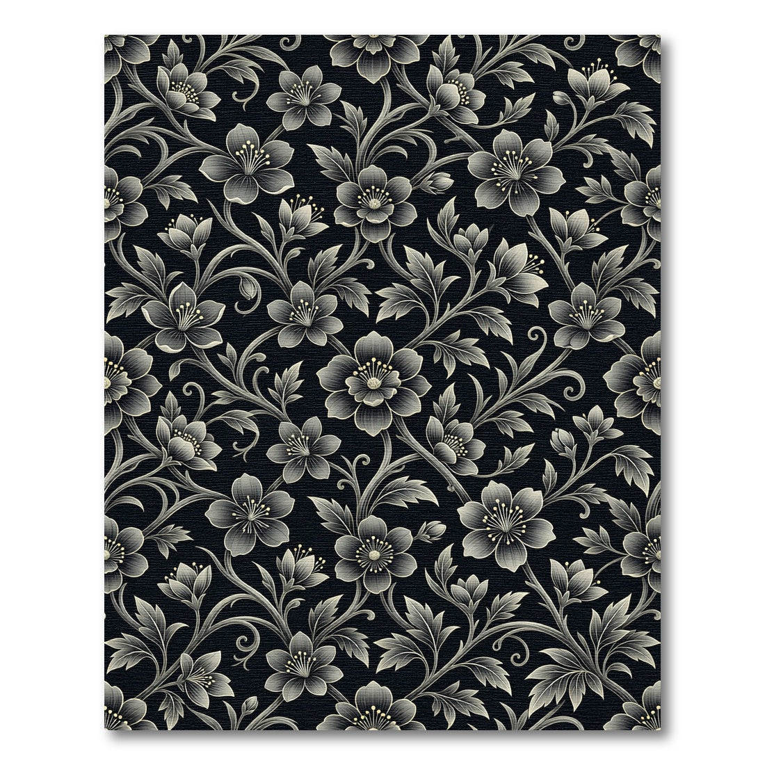 Ornate Black Floral Vine Swirls Rug