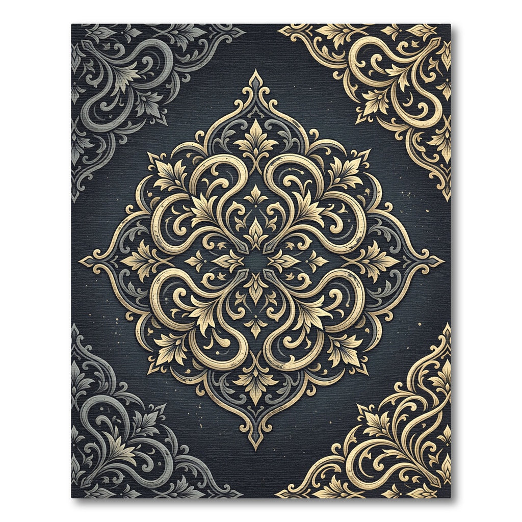 Elegant Gold Damask Charcoal Medallion Rug