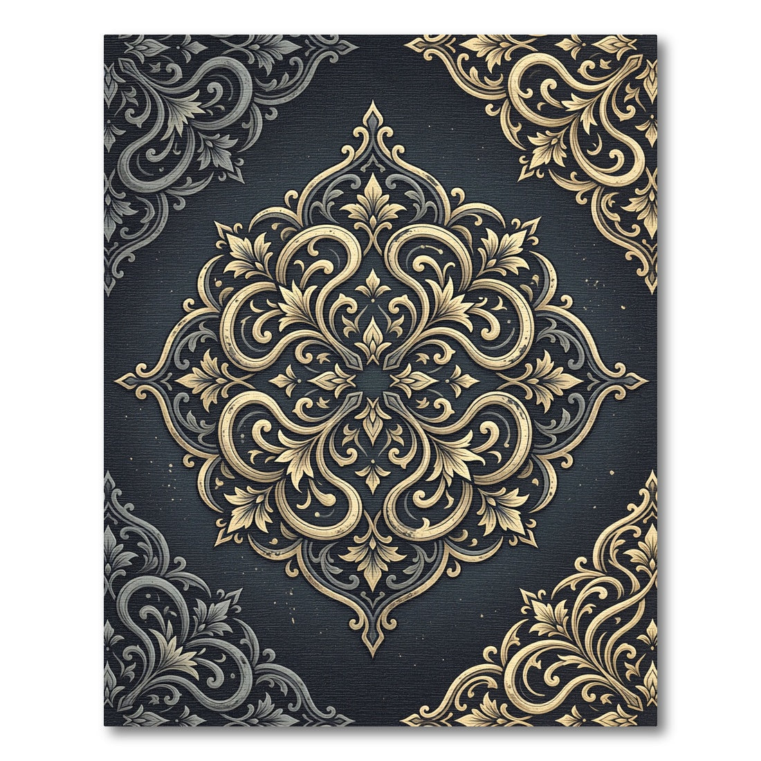 Elegant Gold Damask Charcoal Medallion Rug
