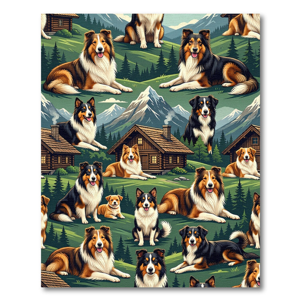 Scenic Highland Collie Dog Mountain Landscape Rug