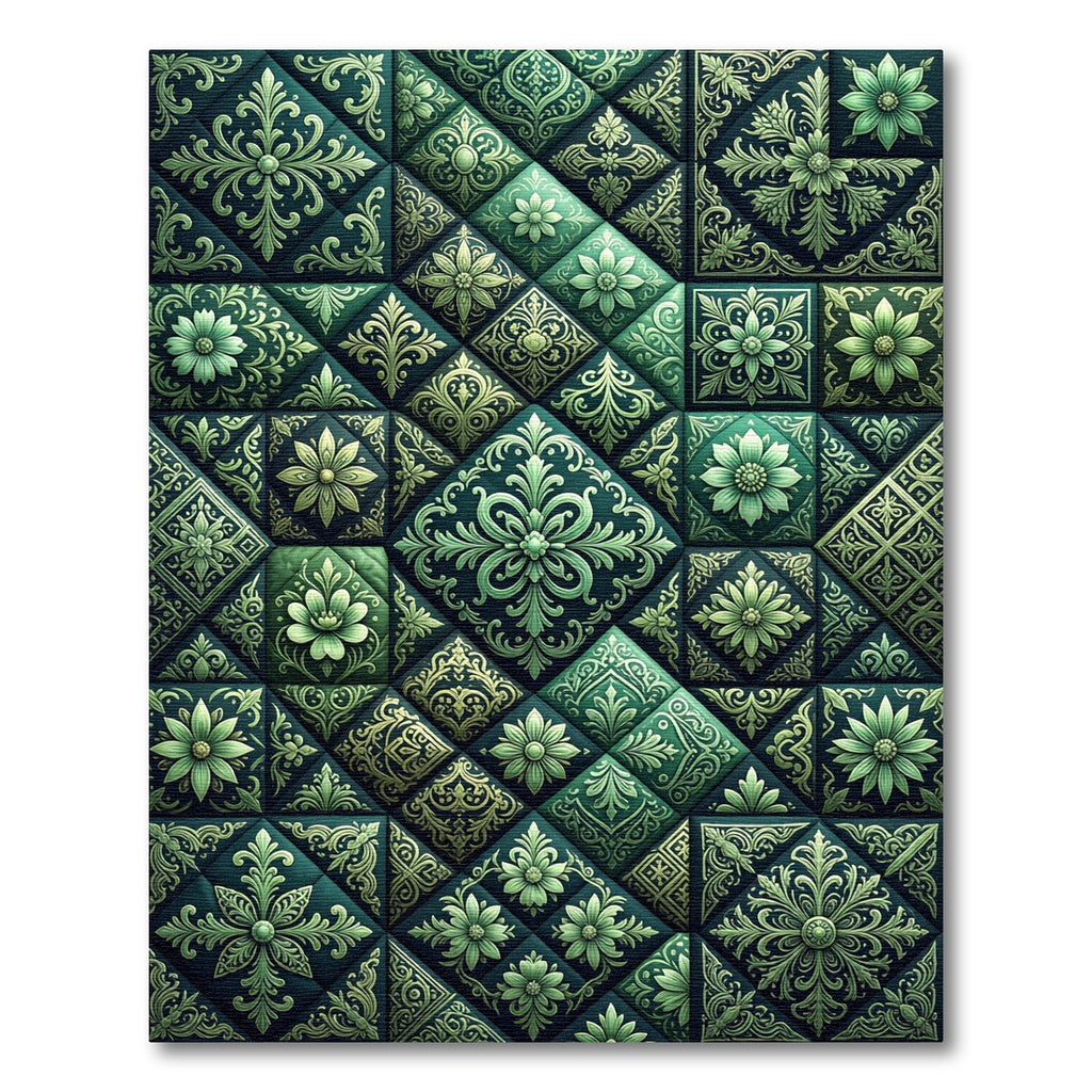 Emerald Green Ornate Floral Tile Rug