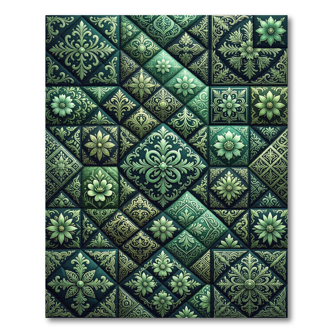 Emerald Green Ornate Floral Tile Rug