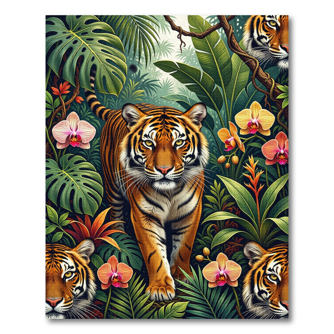 Lush Botanical Tiger Jungle Scene Rug