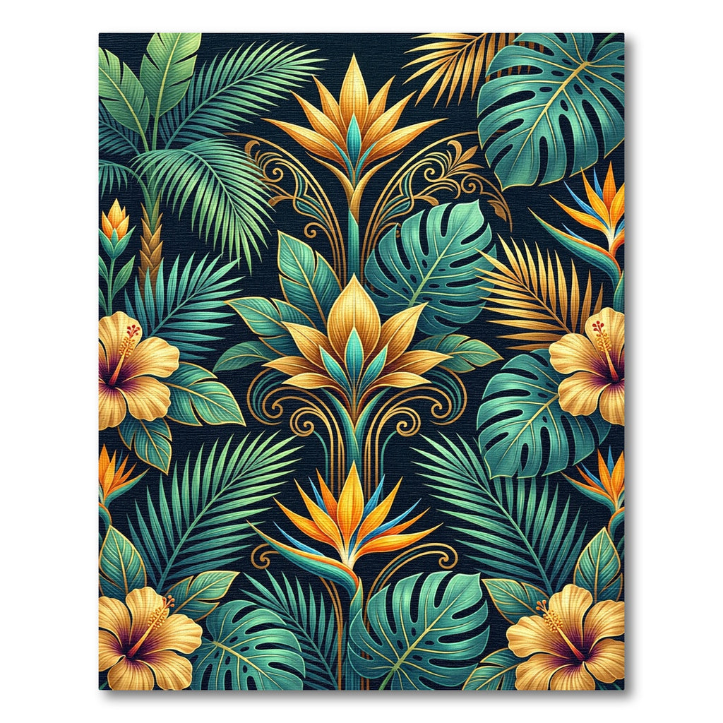 Lush Golden Tropical Botanical Foliage Rug