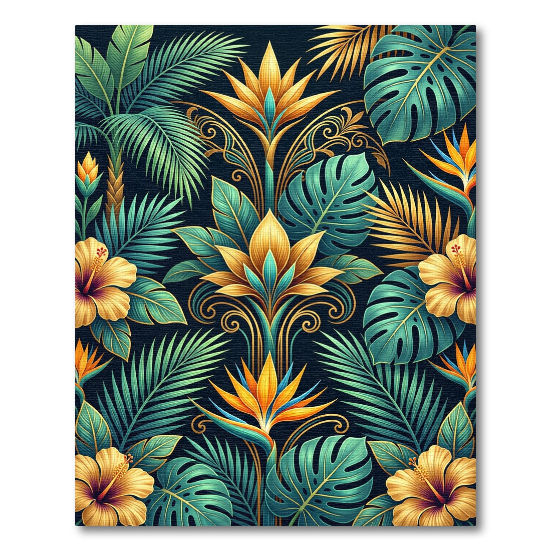 Lush Golden Tropical Botanical Foliage Rug