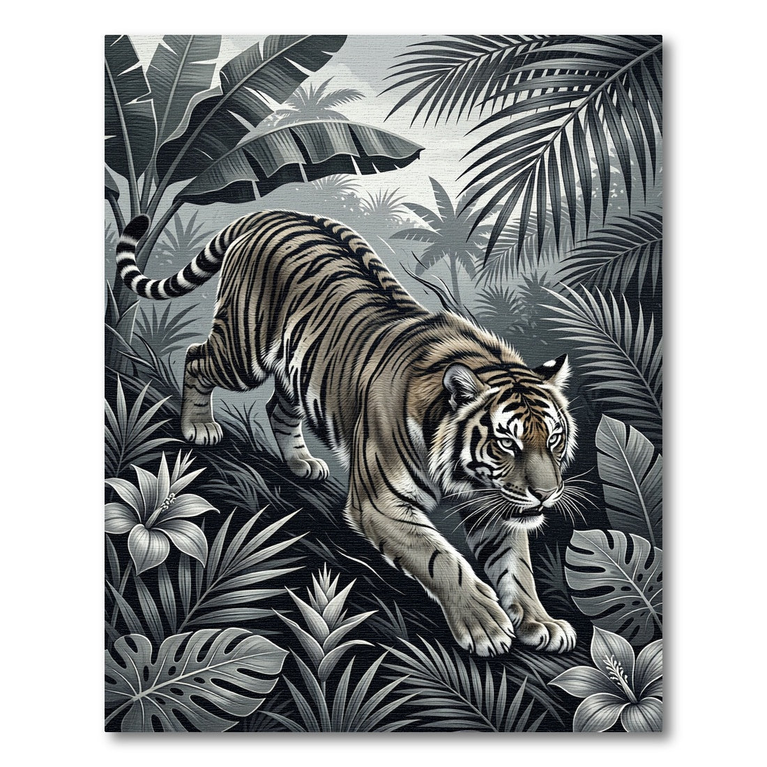 Monochrome Tiger Jungle Botanical Scene Rug