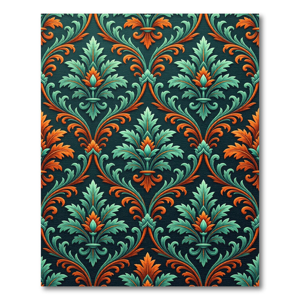 Teal and Orange Ornate Damask Scroll Rug
