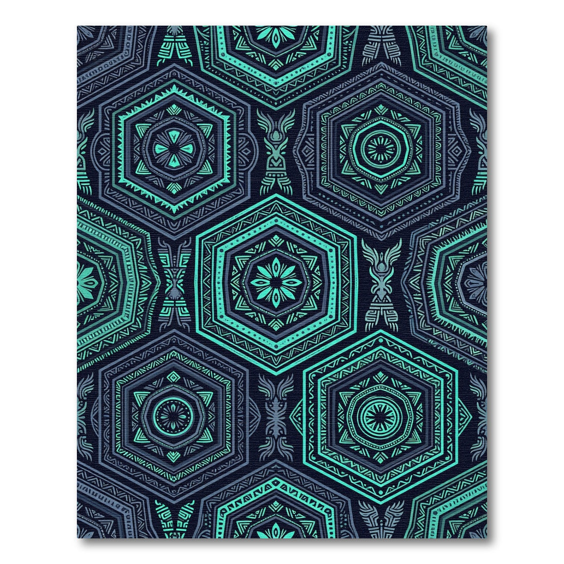 Teal Geometric Tribal Hexagons Rug