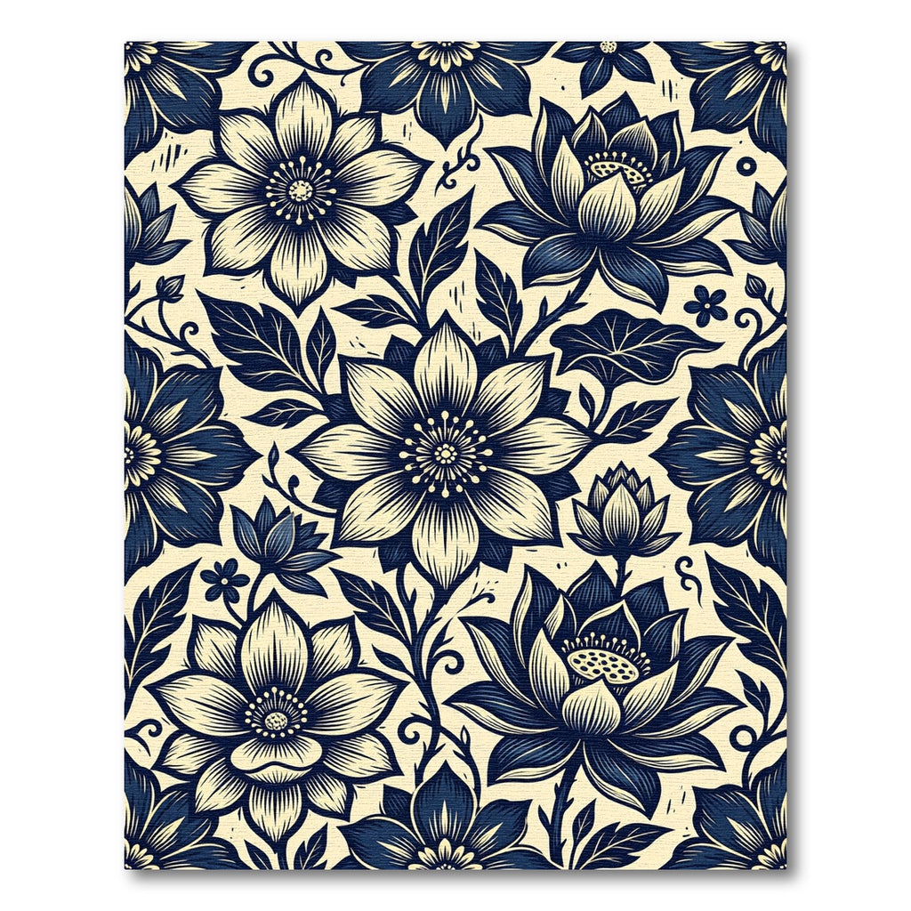 Navy Blue Floral Scroll Pattern Rug