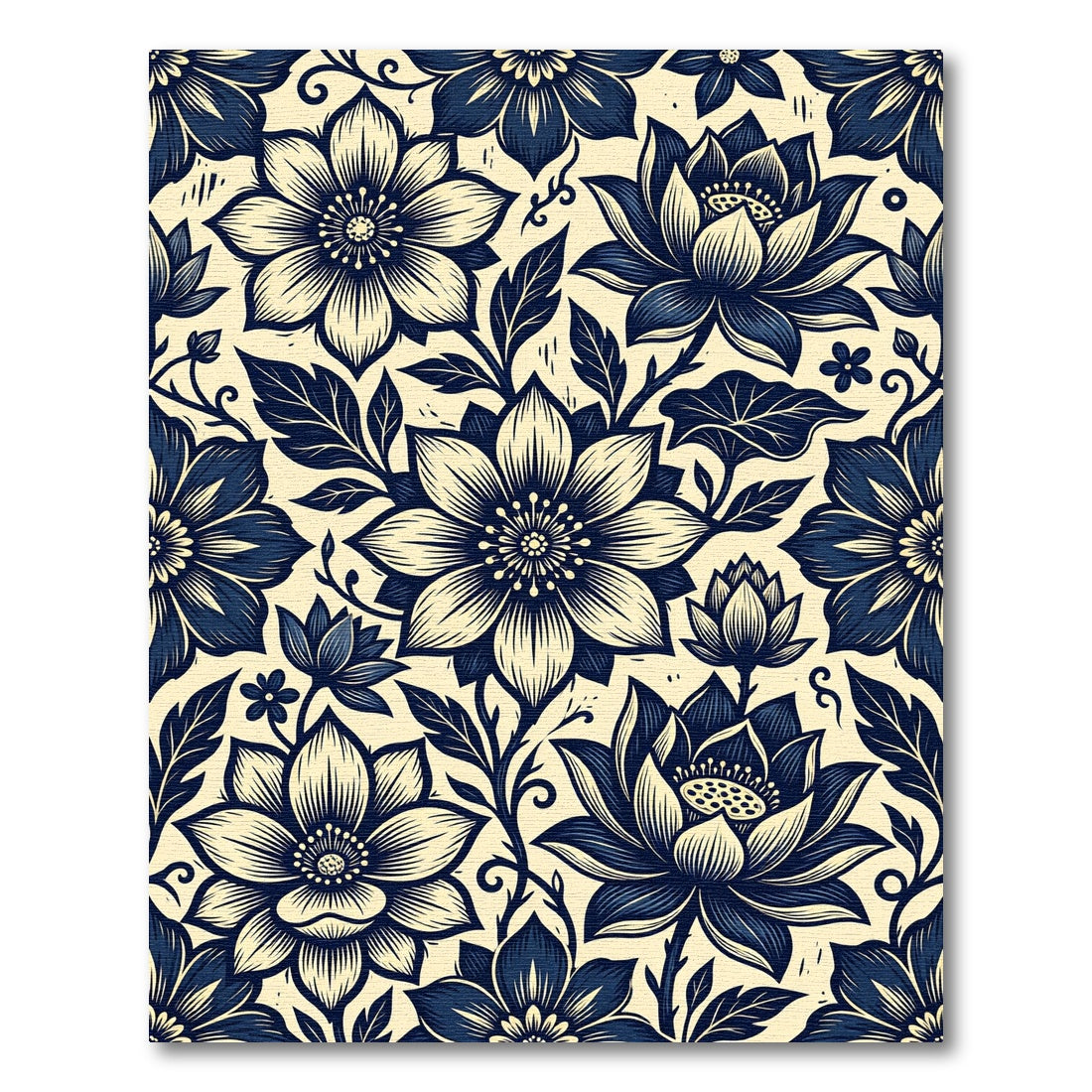 Navy Blue Floral Scroll Pattern Rug