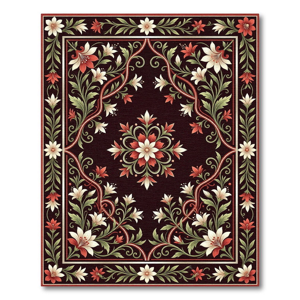 Crimson White Floral Vine Medallion Rug