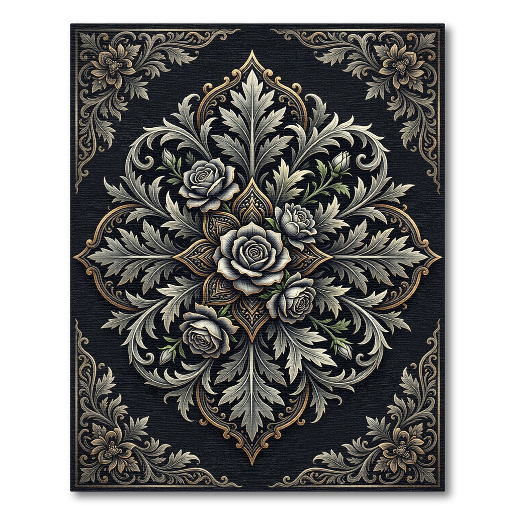 Elegant Monochrome Rose Floral Medallion Rug