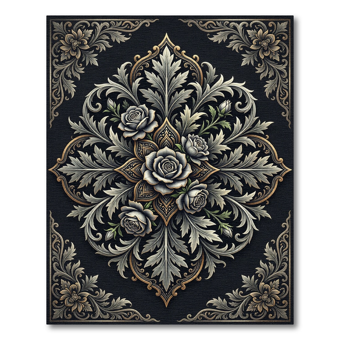 Elegant Monochrome Rose Floral Medallion Rug