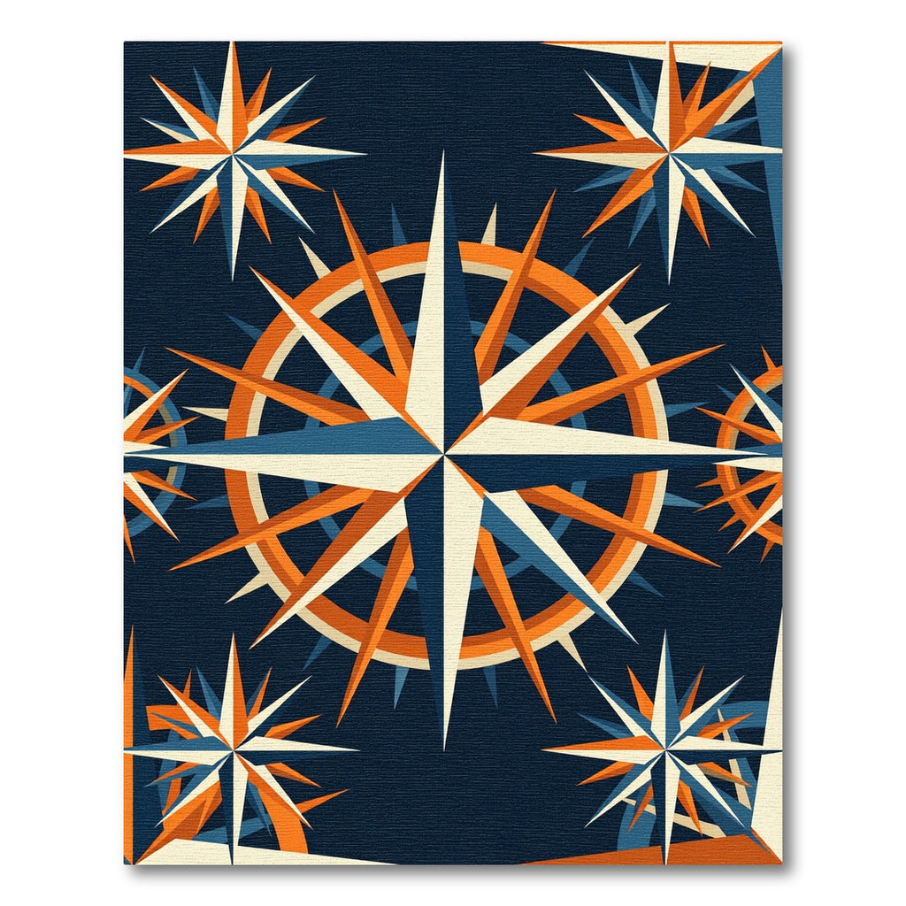Geometric Navy and Orange Star Compass Rug