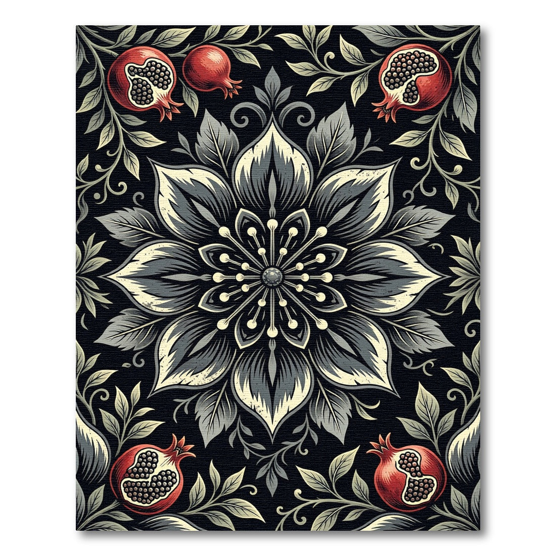 Monochrome Floral Pomegranate Medallion Rug