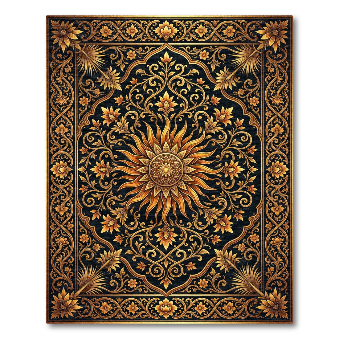 Ornate Golden Sun Floral Medallion Rug