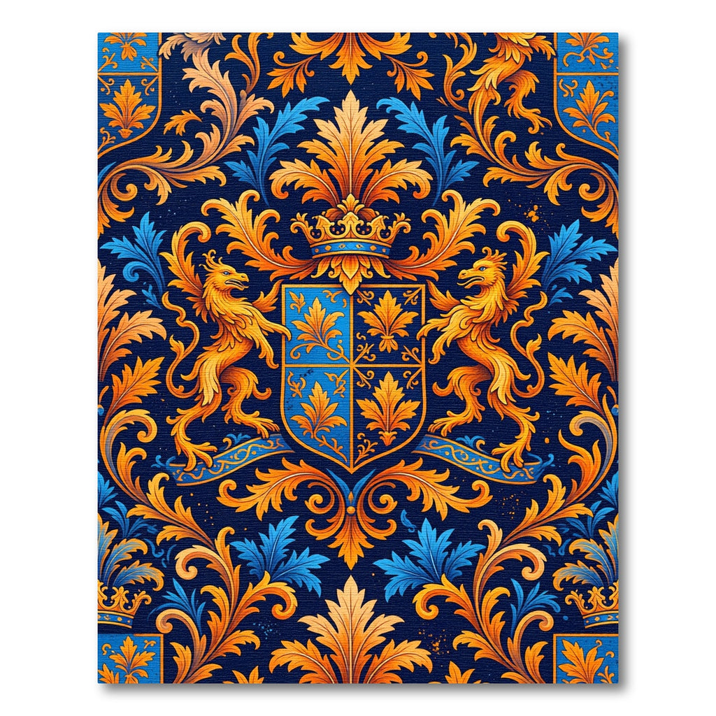 Royal Blue Gold Heraldic Crest Flourish Rug
