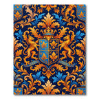 Royal Blue Gold Heraldic Crest Flourish Rug