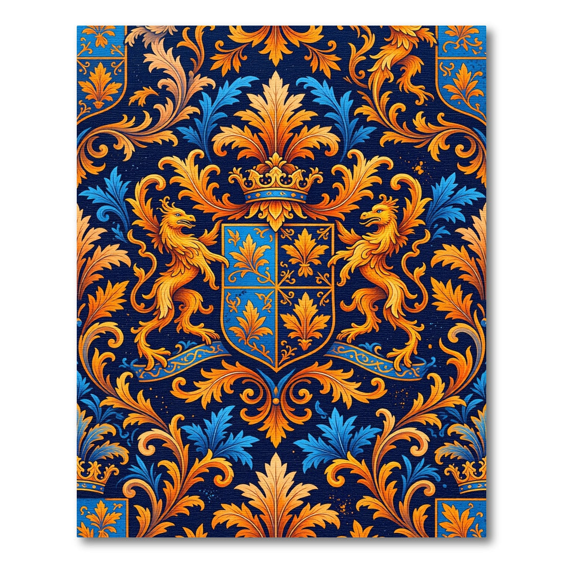 Royal Blue Gold Heraldic Crest Flourish Rug