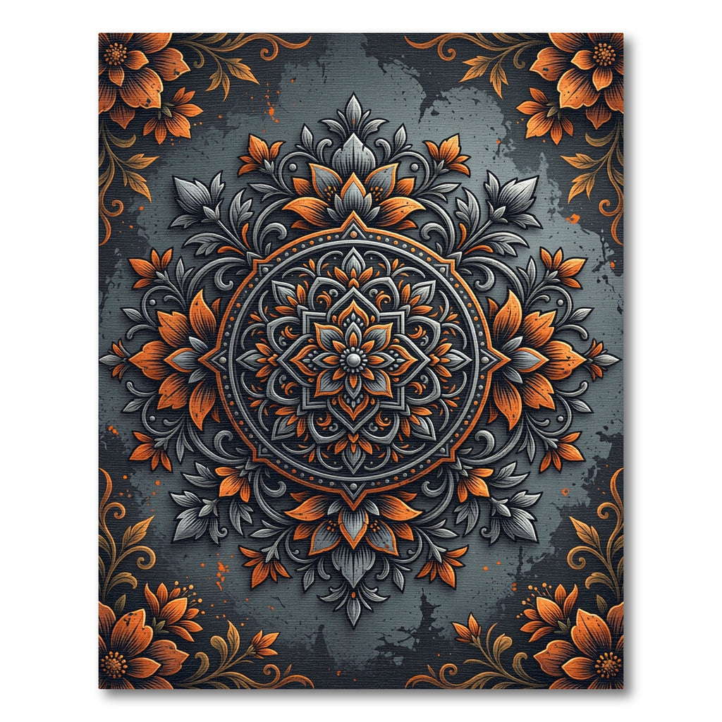 Charcoal and Orange Floral Medallion Rug