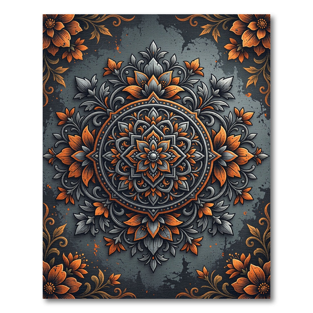 Charcoal and Orange Floral Medallion Rug