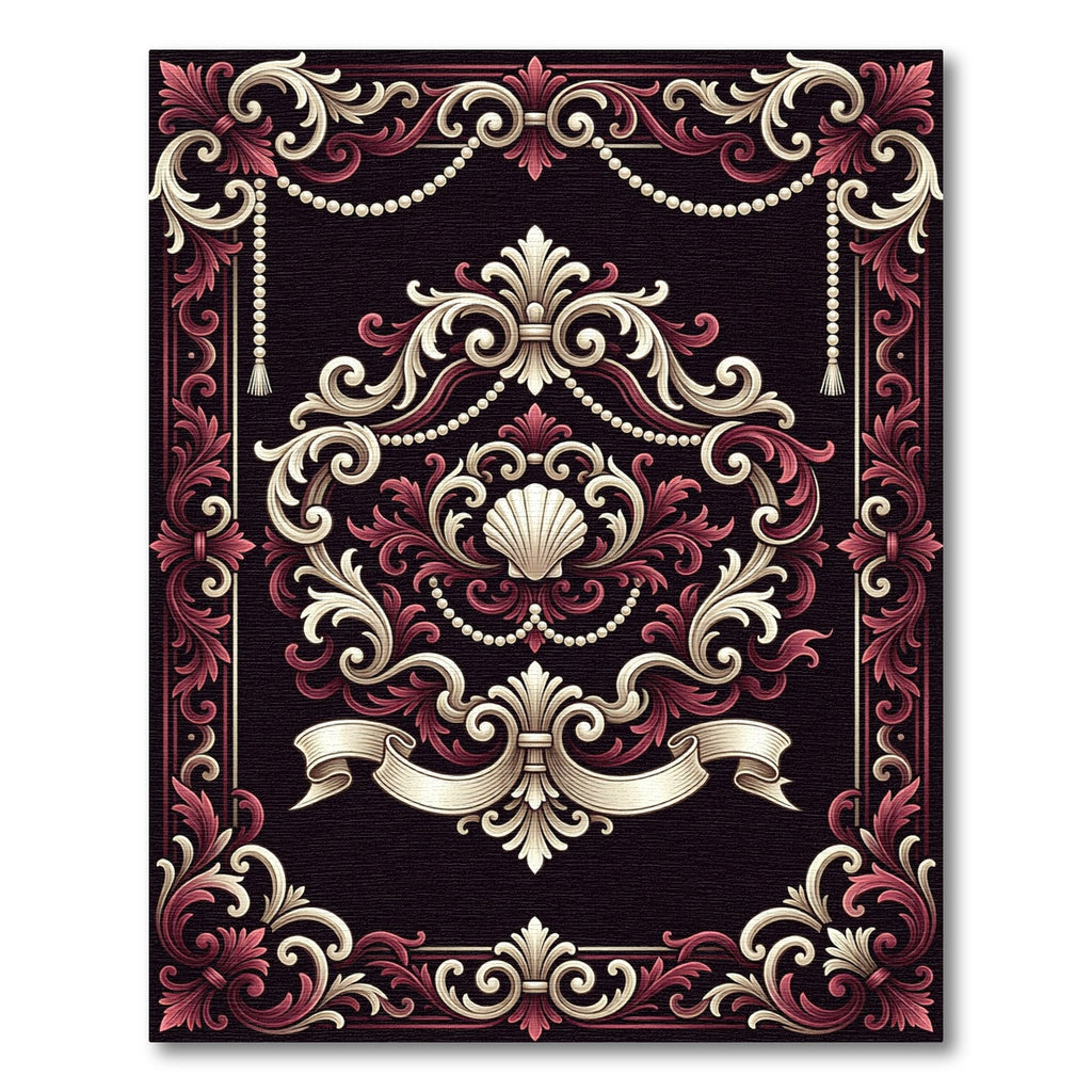Ornate Burgundy Cream Rococo Shell Medallion Rug