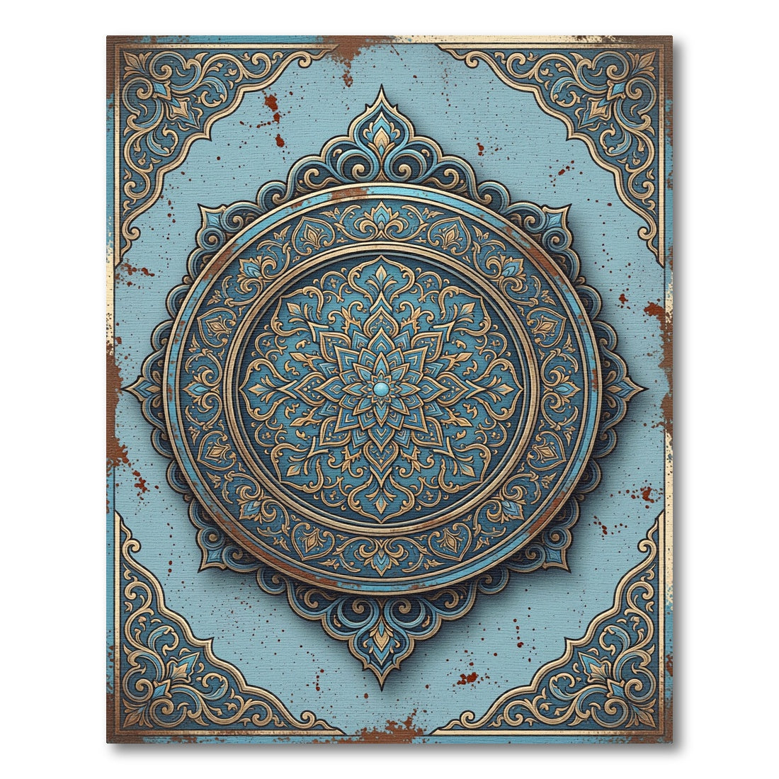 Intricate Blue Gold Filigree Medallion Rug