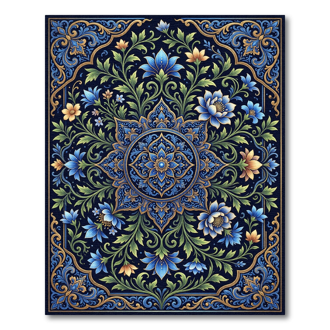 Intricate Navy Floral Bloom Medallion Rug