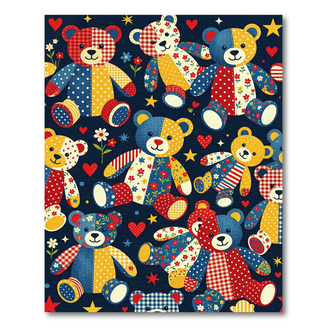 Whimsical Patchwork Teddy Bear Starry Navy Rug