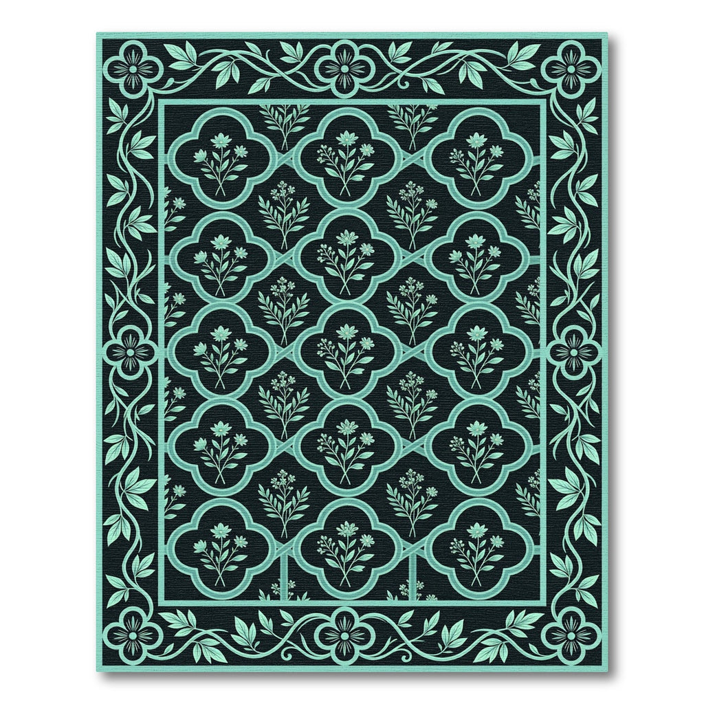 Dark Teal Floral Lattice Border Rug