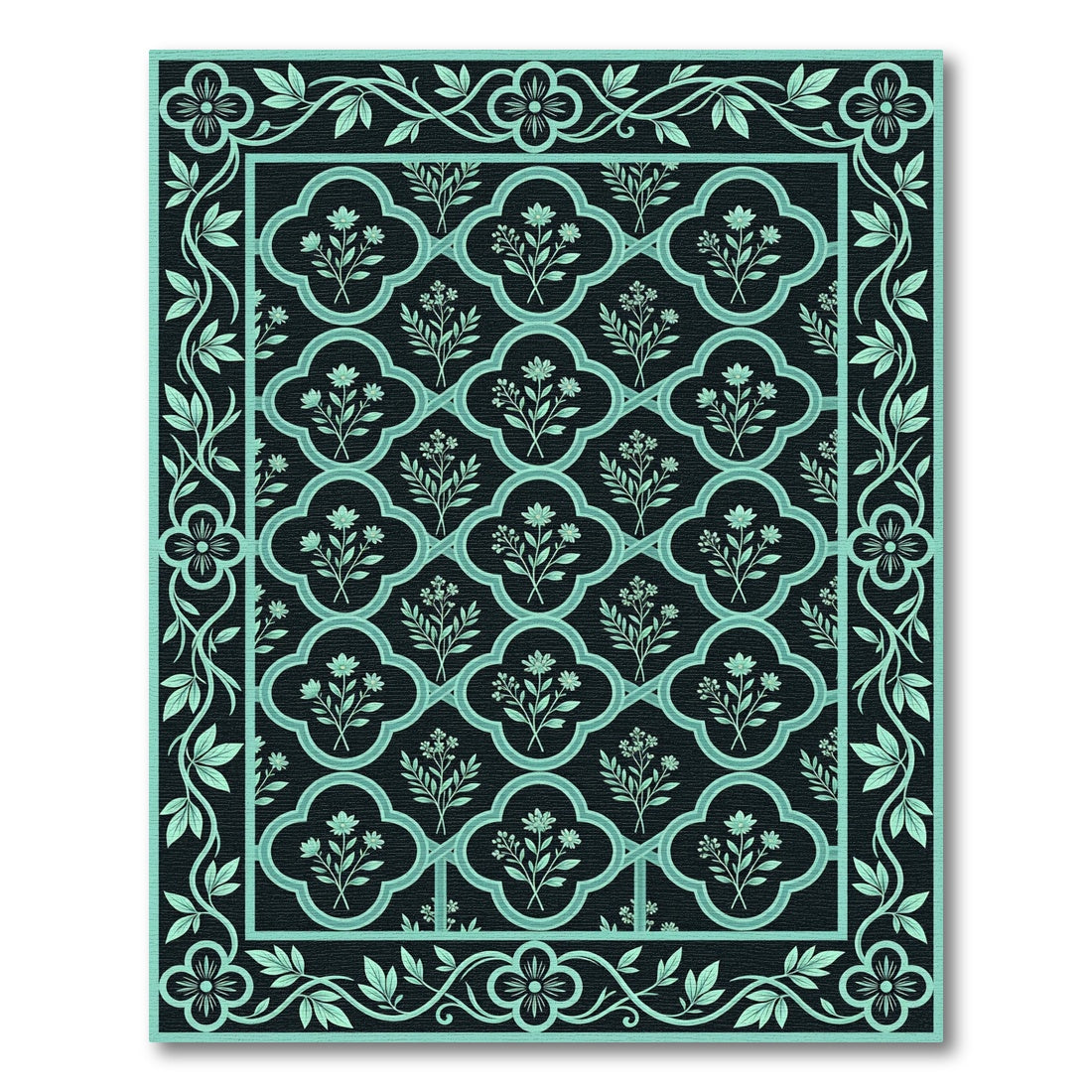 Dark Teal Floral Lattice Border Rug