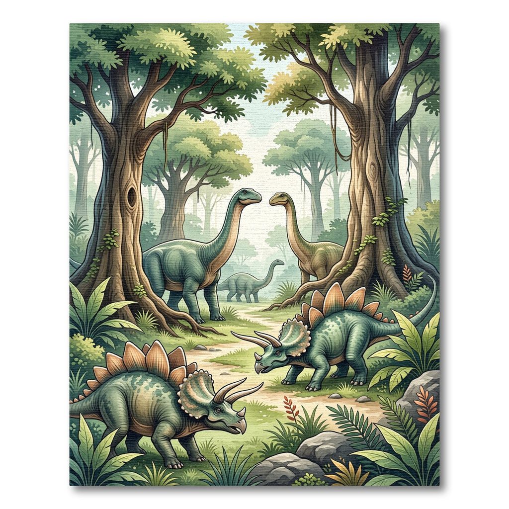 Prehistoric Jungle Dinosaurs with Verdant Foliage Rug