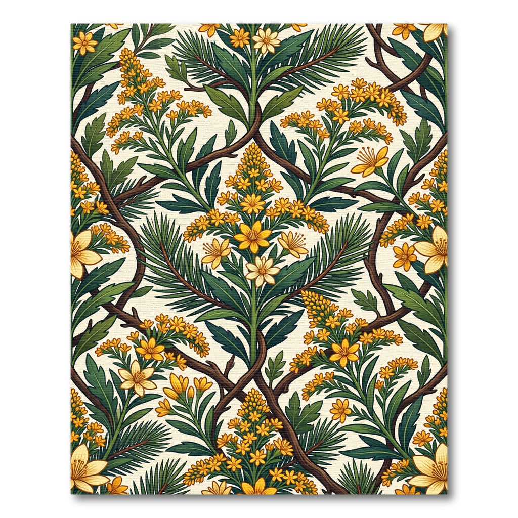 Golden Botanical Floral Folk Art Rug
