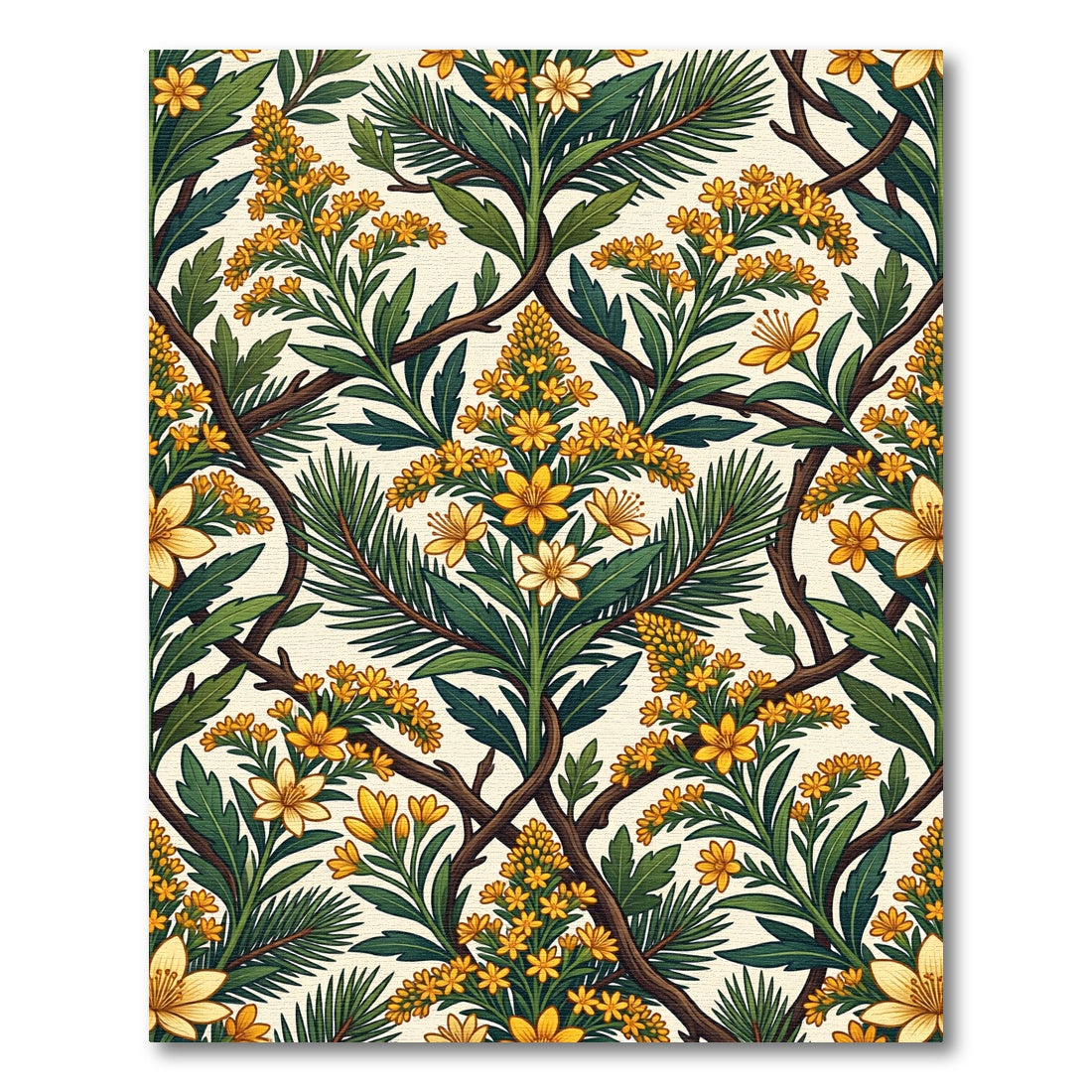 Golden Botanical Floral Folk Art Rug