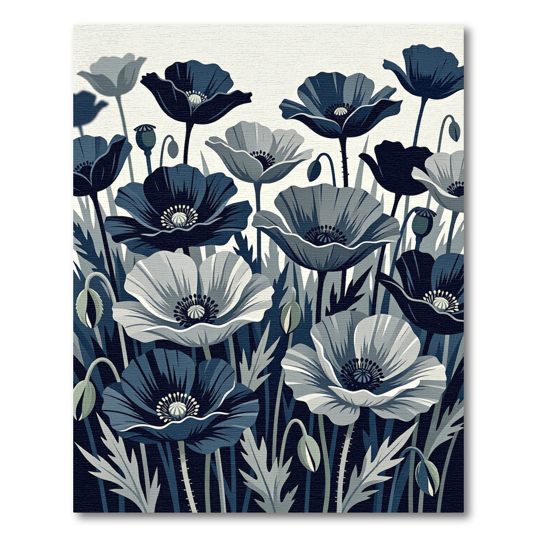 Midnight Blue Poppy Botanical Illustration Rug