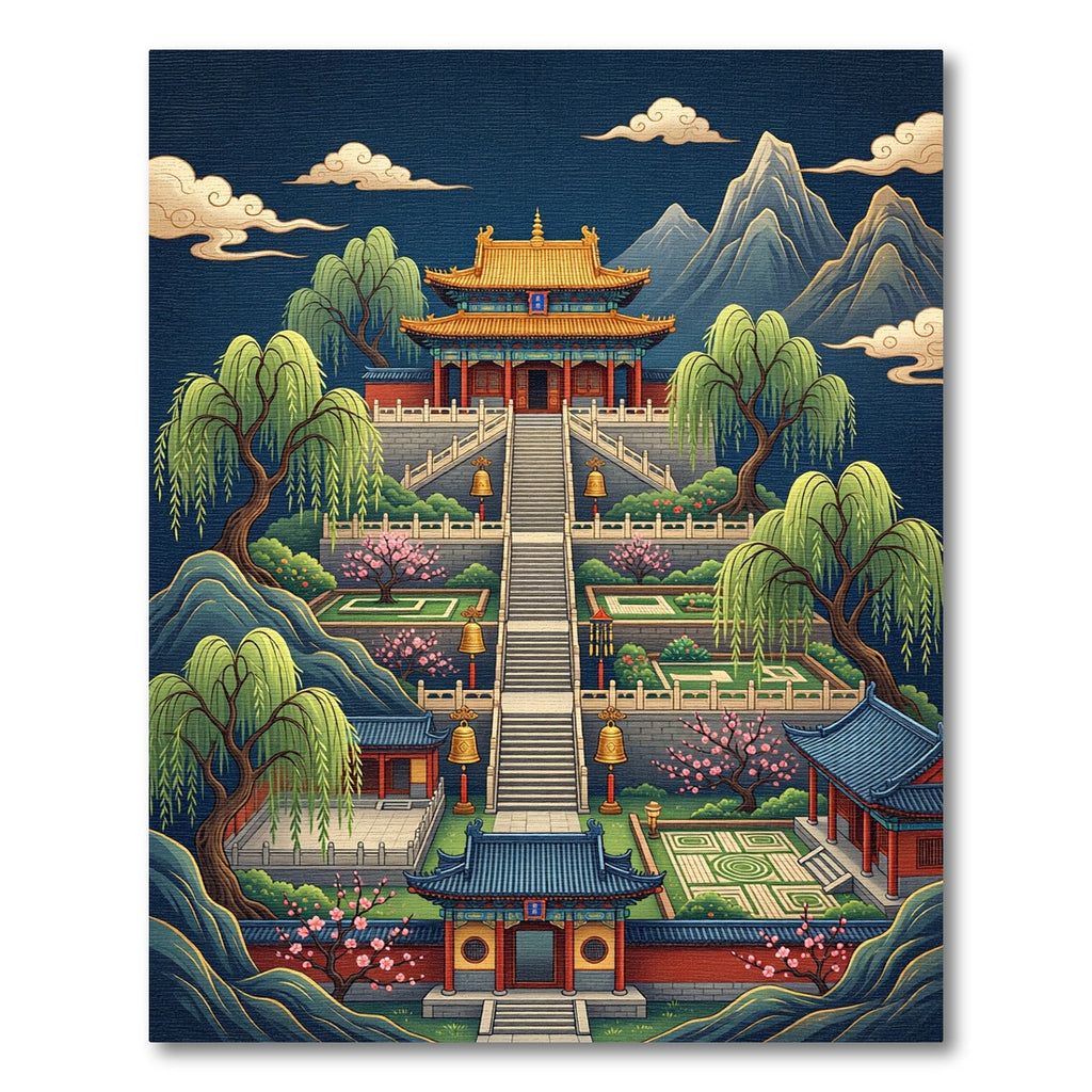 Golden Pagoda Mountain Landscape Scene Rug