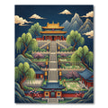 Golden Pagoda Mountain Landscape Scene Rug