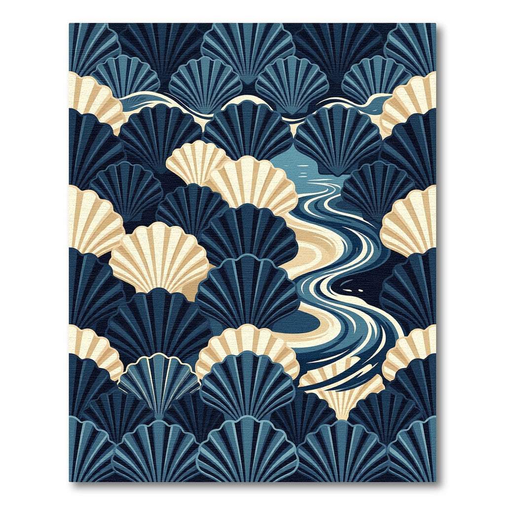 Art Deco Navy Cream Scallop Shell Rug