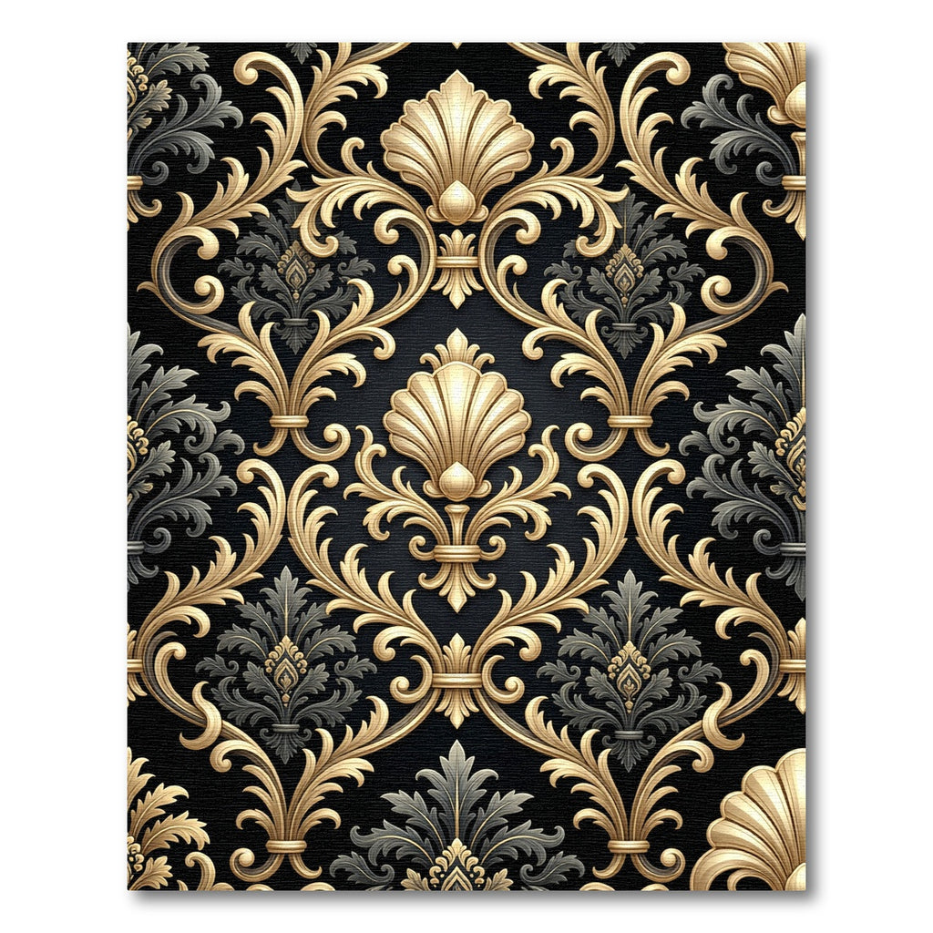 Luxurious Gold Shell Damask Black Rug