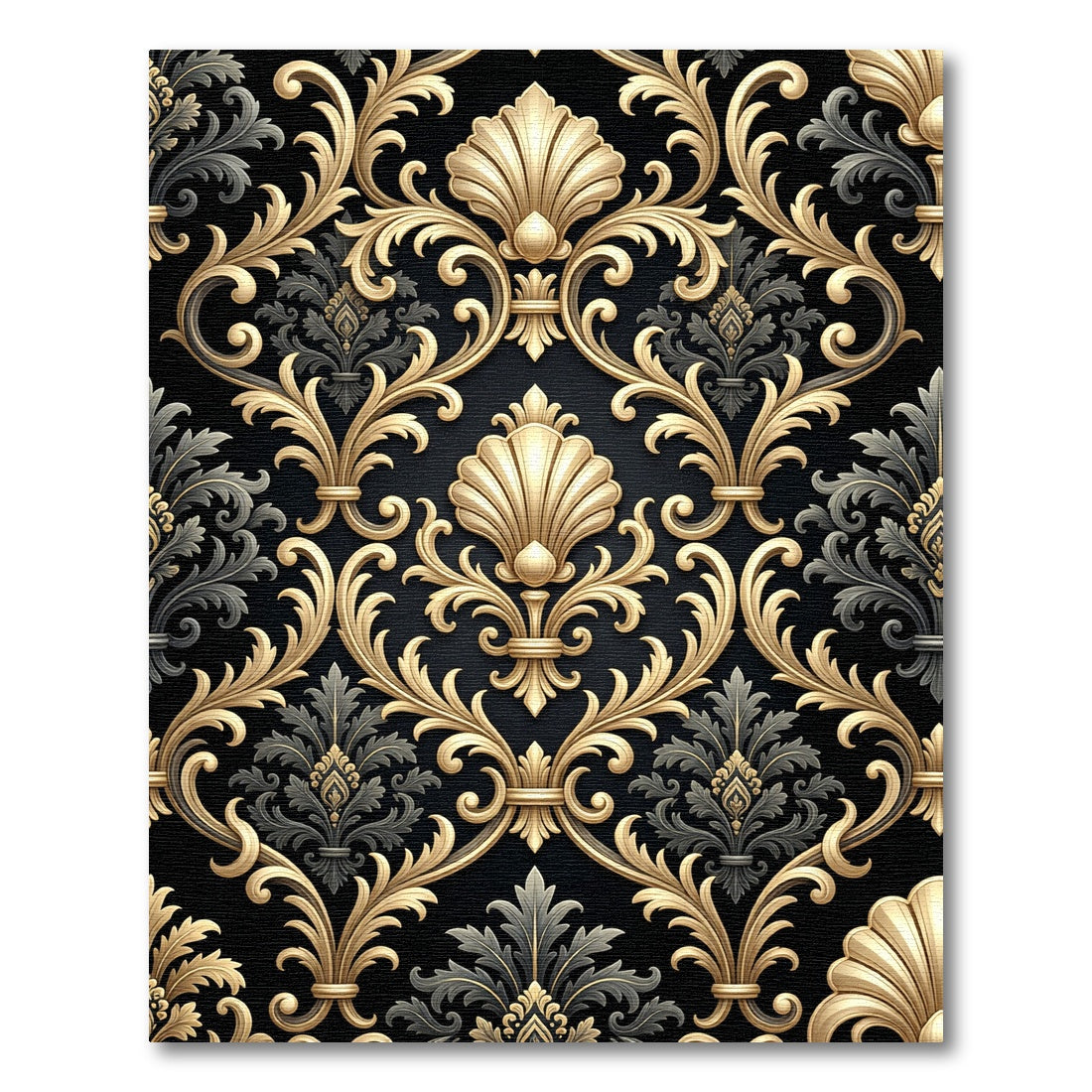 Luxurious Gold Shell Damask Black Rug
