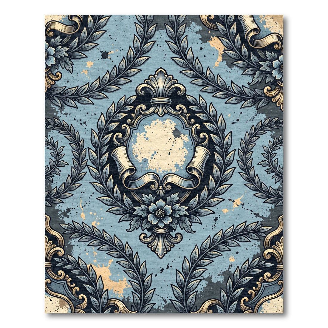 Vintage Blue Damask Laurel Wreath Rug