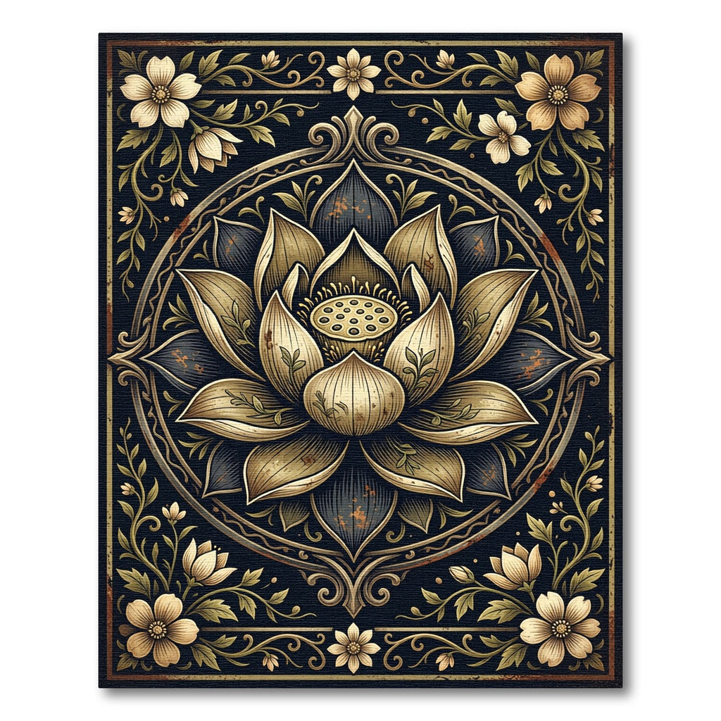 Golden Lotus Medallion Dark Botanical Rug