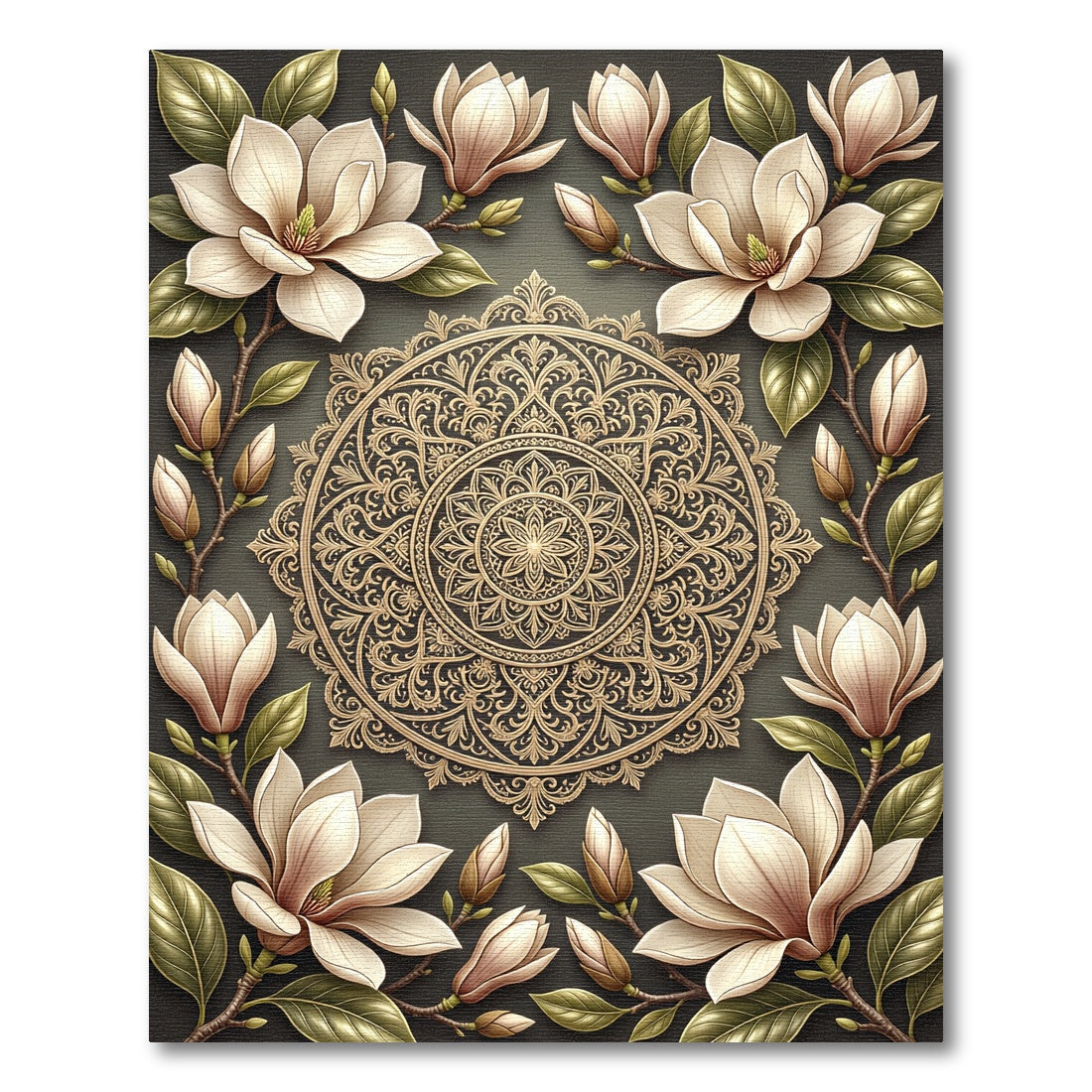 Elegant Floral Magnolia Gold Mandala Rug