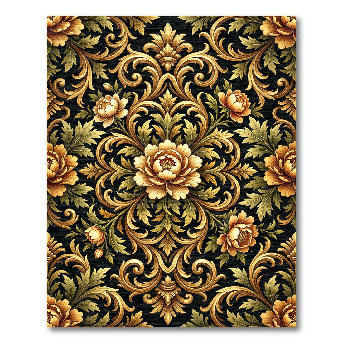 Ornate Golden Floral Baroque Scrollwork Rug