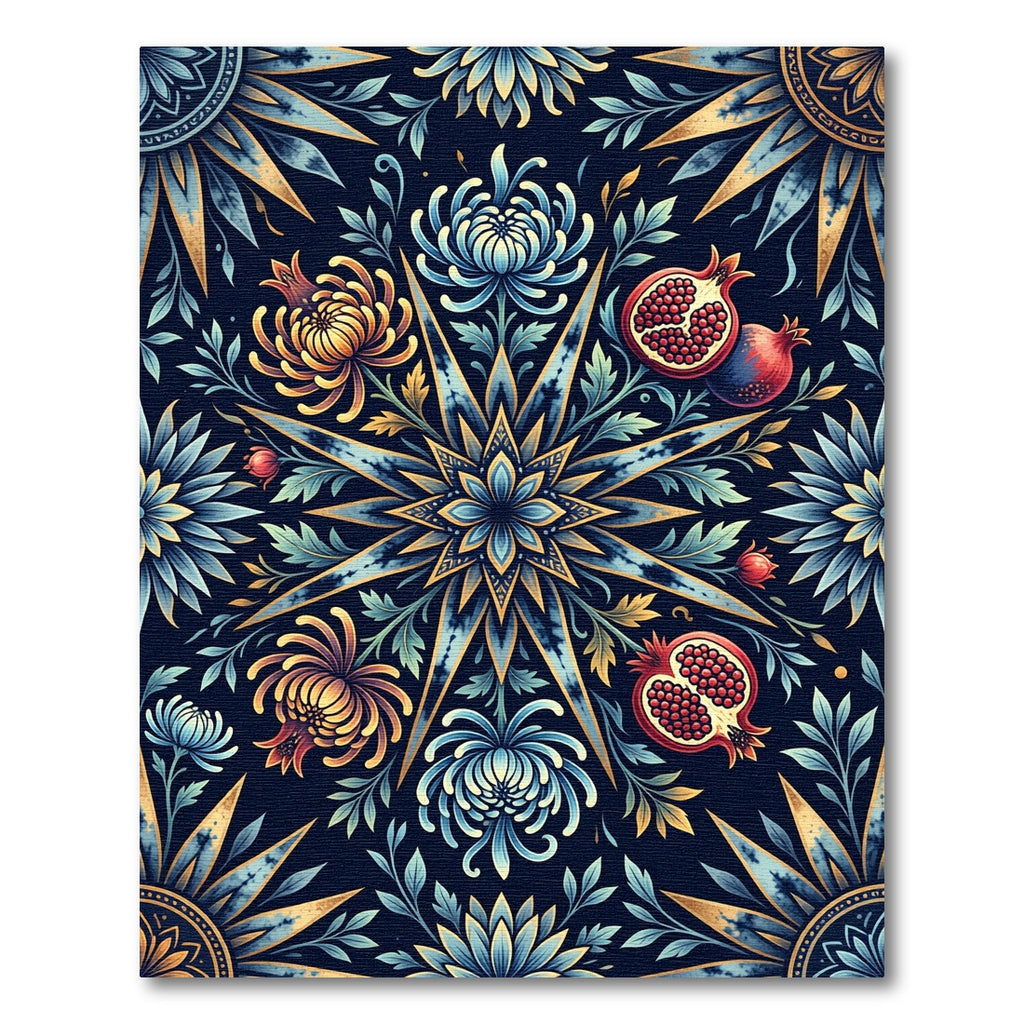 Midnight Blue Floral Pomegranate Sunburst Rug